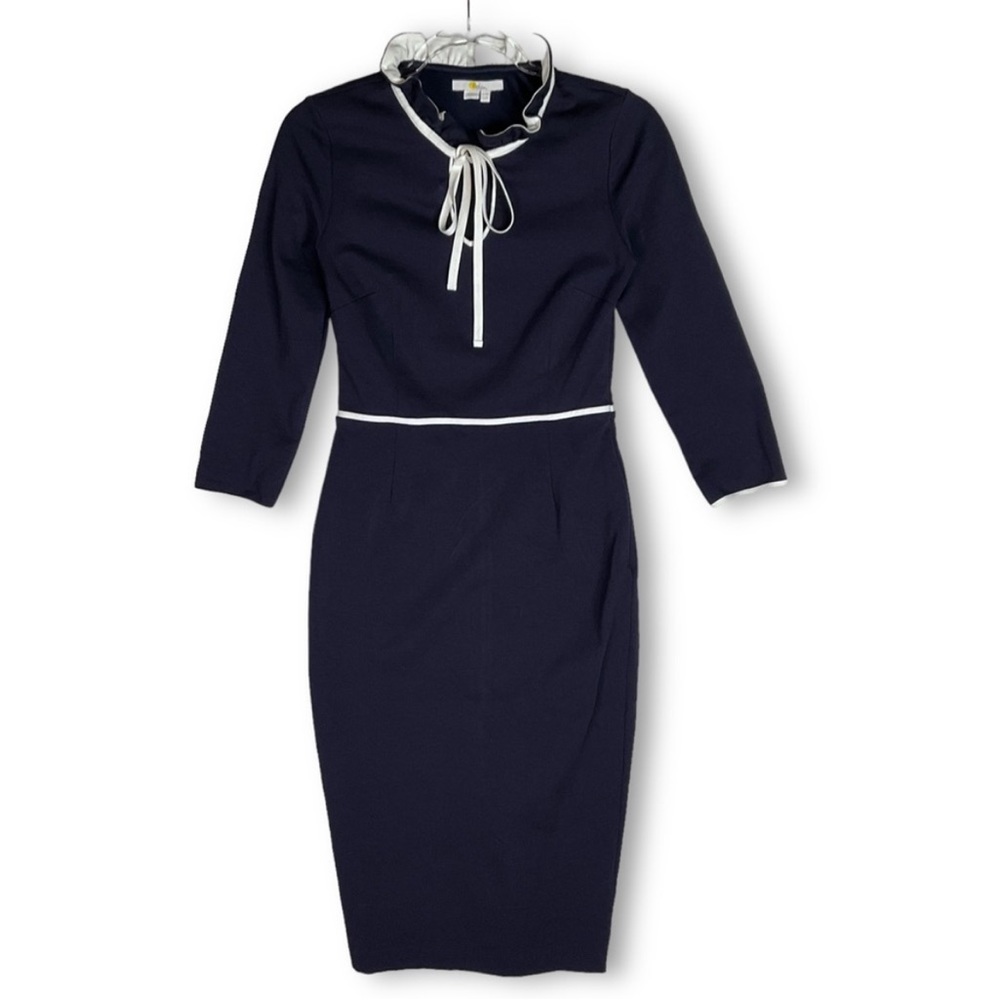 Boden Layla midi dress navy with cream trim and tie detail at neck size 10R